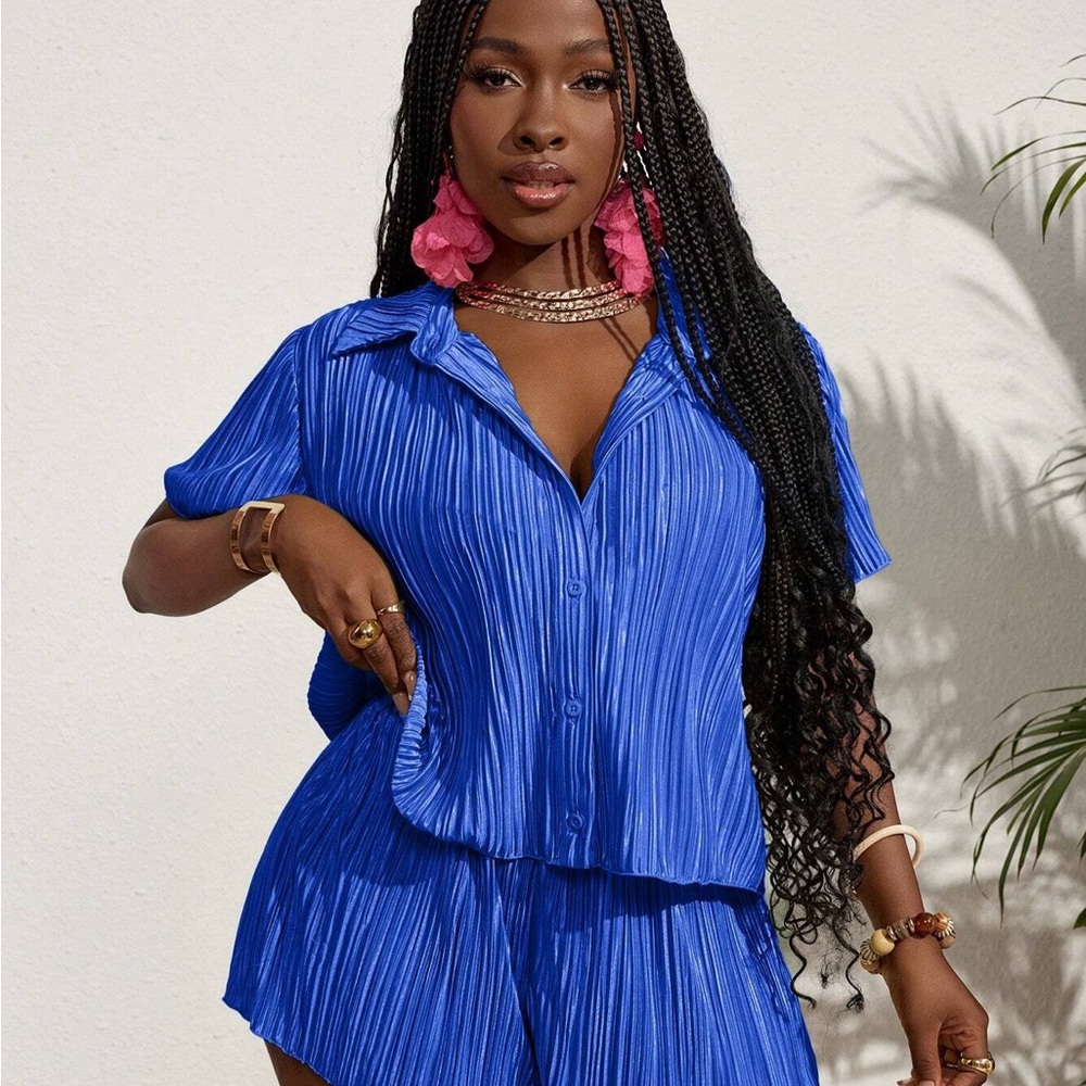 Vibrant Blue Pleated Set